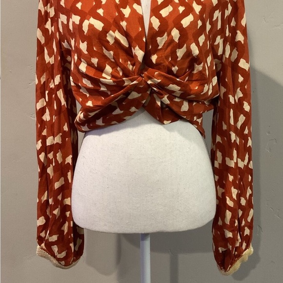 MNWT ZARA Linen Blend Geometric Print Boho Long Sleeve Crop Top Terracott… - Picture 5 of 11